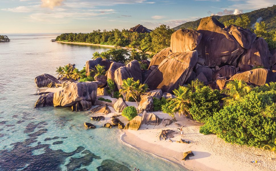 Crystal-clear waters and granite boulders in Seychelles.