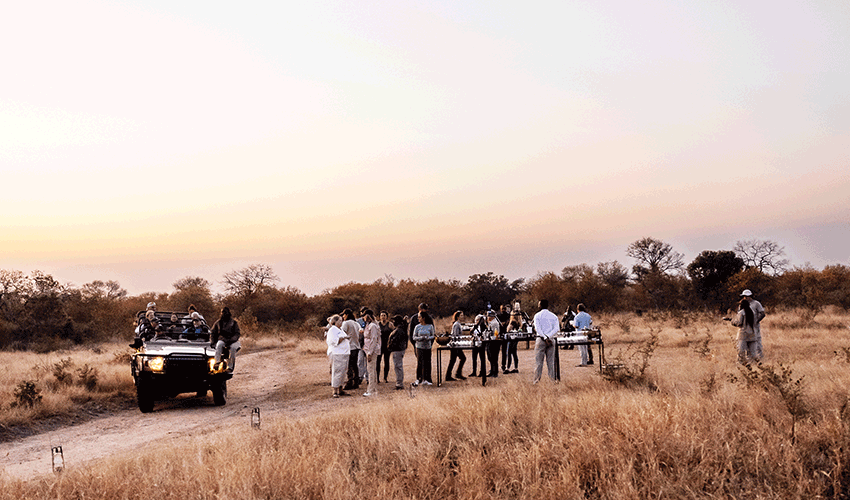 A group is enjoying a sundowner at Elephant Bedroom Camp in Kenya.